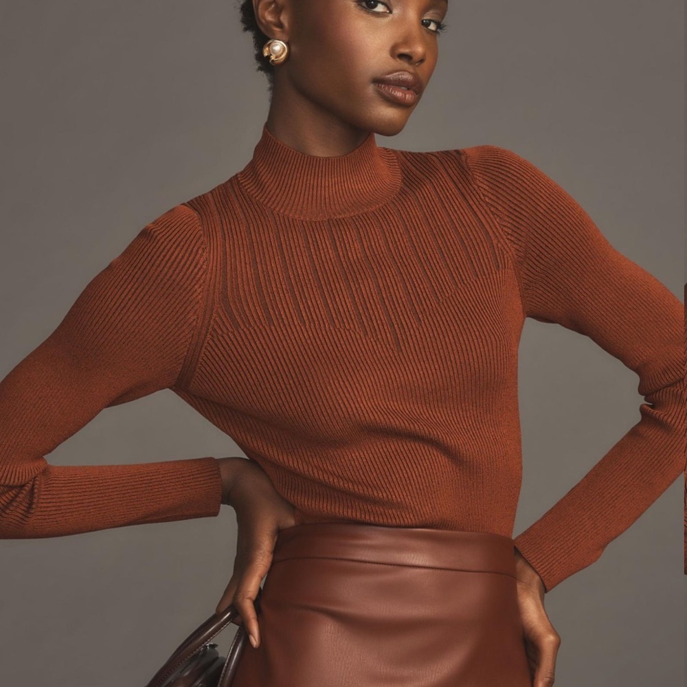 Anthropologie Long-Sleeve Corset Turtleneck Sweater Brown Orange
